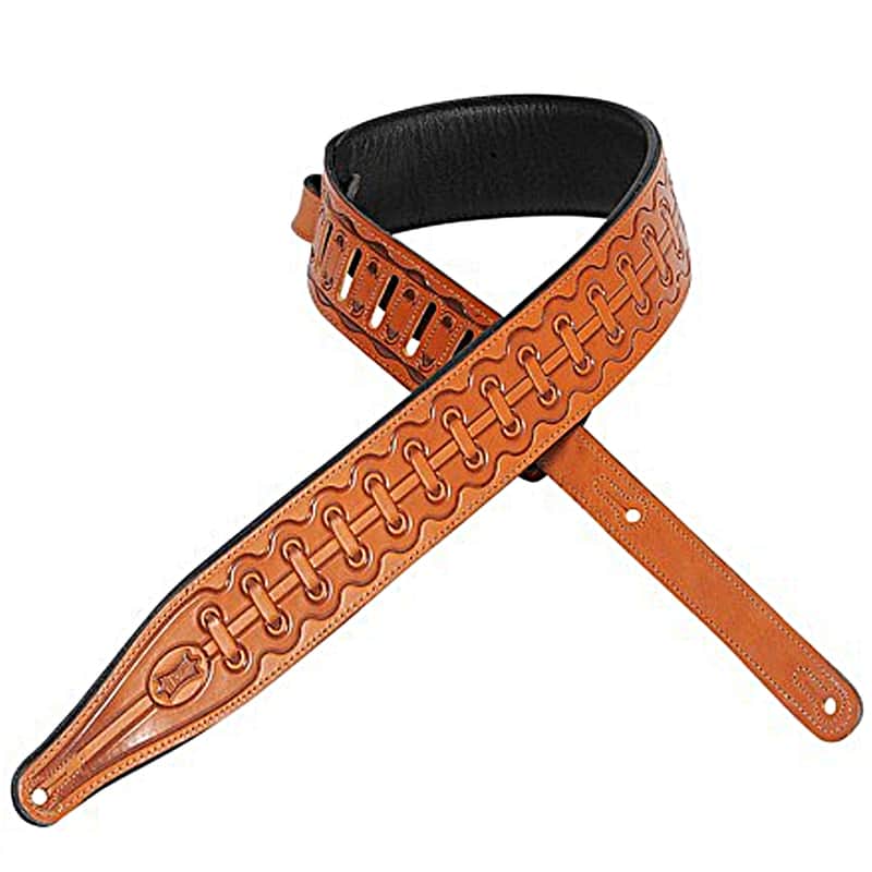 Levy's M17T08 veg-tan Padded leather guitar strap w tooled bootlace design 2017 Tan image 1
