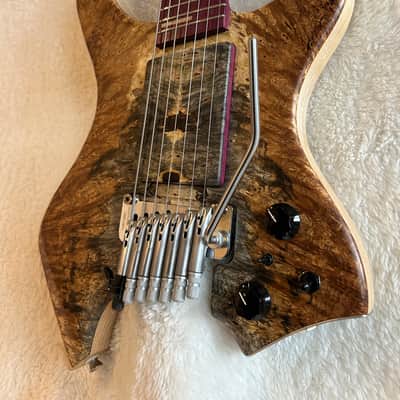 96 art Multiscale Headless 7 string Solidbody Guitar with Sophia Tremolo, Buckeye Burl, Ash, Purpleheart image 6