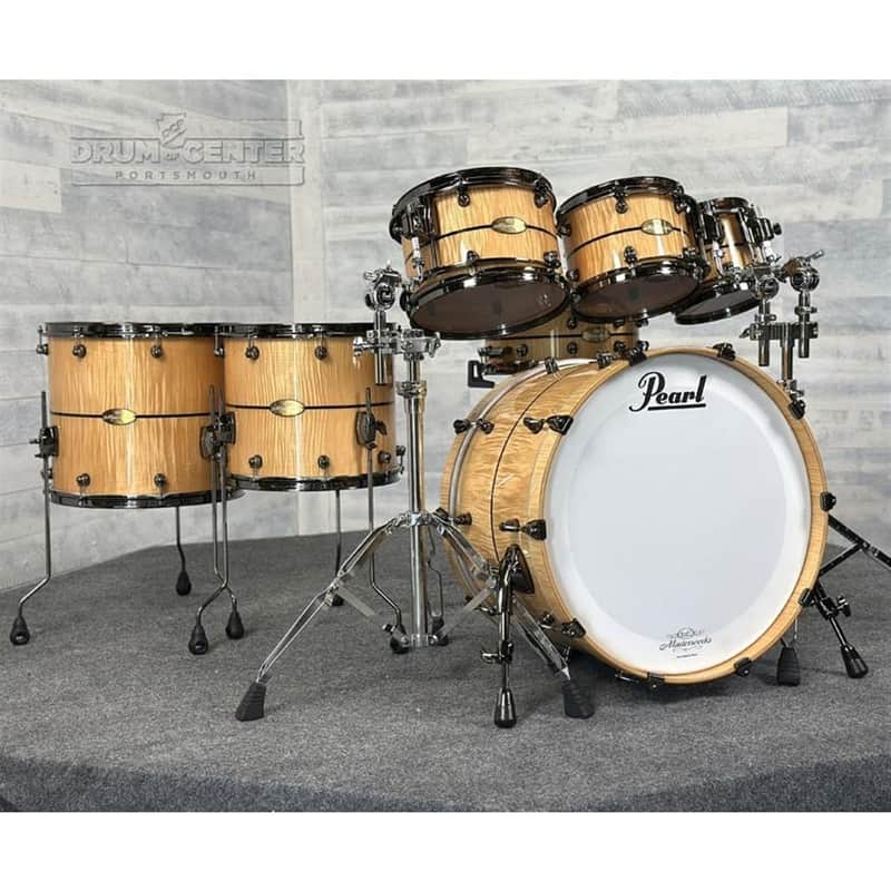 Pearl Masterworks 7pc Drum Set Fiddleback White Sycamore w/Black Nickel Hardware image 1