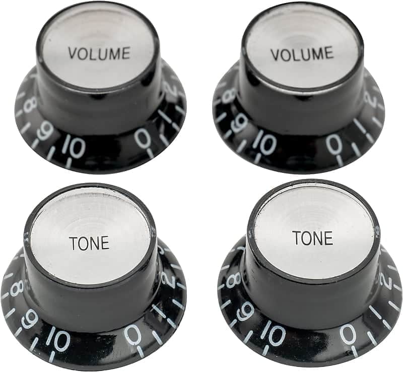 Pro Metric Size 18 Spline Top Hat Bell Reflector 2 Volume 2 Tone Knobs Set for Epiphone Les Paul SG Electric Guitar Asia Import Guitar Bass Split Shaft Pots, Black with Silver Top image 1