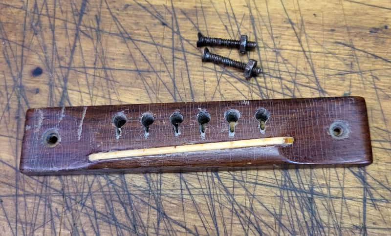 Vintage RARE 1960's Regal Kay Harmony Acoustic Guitar Wood Bridge Tailpiece with Installation bolts Luthier Parts image 1