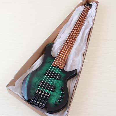 Custom Green 5 String Headless Bass, Burl Wood Top Body, Basswood Body, Maple Neck, 24 Frets Fingerboard image 2