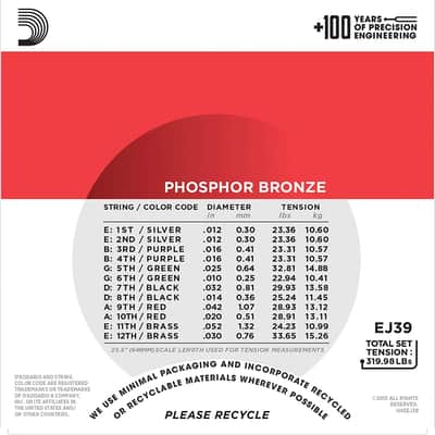D'Addario EJ39 Medium 12-String Acoustic Guitar 12-52 image 2