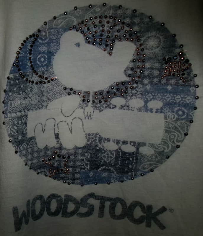 woodstock xs woman distressed sparkle gem tee -  love peace hendrix santana janis sly hippie image 1