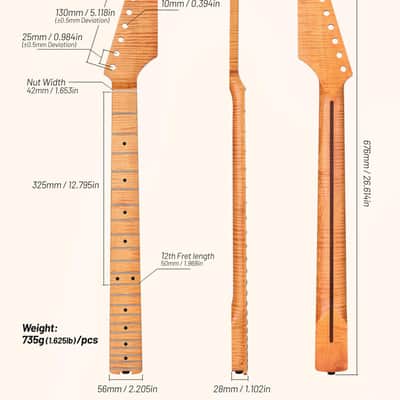 Electric Guitar Neck, 12"-16" Compound Radius, One-Piece Flame Canadian Hard Maple, 22 Stainless Steel Frets (2.4x1.4mm), Oiled Bone Nut 42mm, Matte Finish image 2