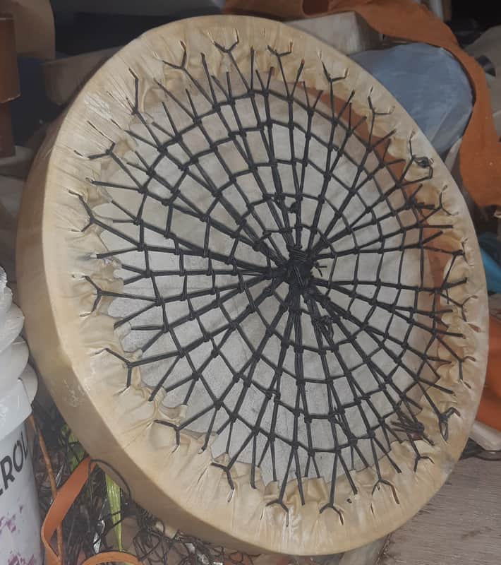 14" inch. Native American style Goat Hide Shaman shamanic Hand drum yoga meditation Therapy wooden frame rawhide laces handmade handwoven spider web design + Beater Mallet image 1