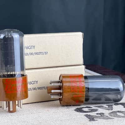 Matched Pair 6V6GT RCA Power Tubes (1957) – NOS/NIB – Standard Electric Label – Unused Brown base image 3