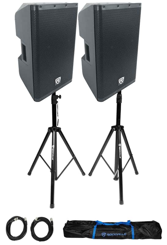 (2) Rockville DX12 12" Class D 500w RMS Powered DJ PA Speakers+Stands+Cables+Bag image 1