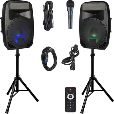 Portable 12-Inch 1000 Watts 2-Way Powered Dj/PA Speaker System Combo Set with Bluetooth/USB/SD Card Reader/FM Radio/Remote Control/Speaker Stand/Wired mic image 1