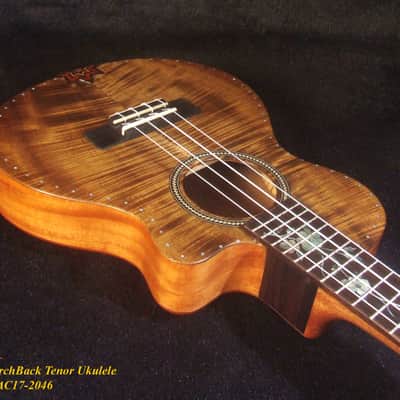 Handcrafted Tenor Ukulele, Carved ARCHBACK Solid Curly Acacia, Mahogany, Floral Inlay, Soft-bag, Bruce Wei UAC17-2046 image 2