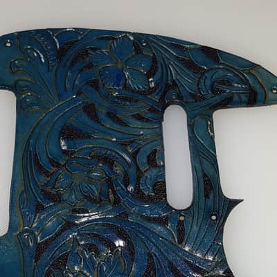 Leather pickguard fits  Fender Telecaster 2018   "Floral Riffs"  turquoise and black image 3