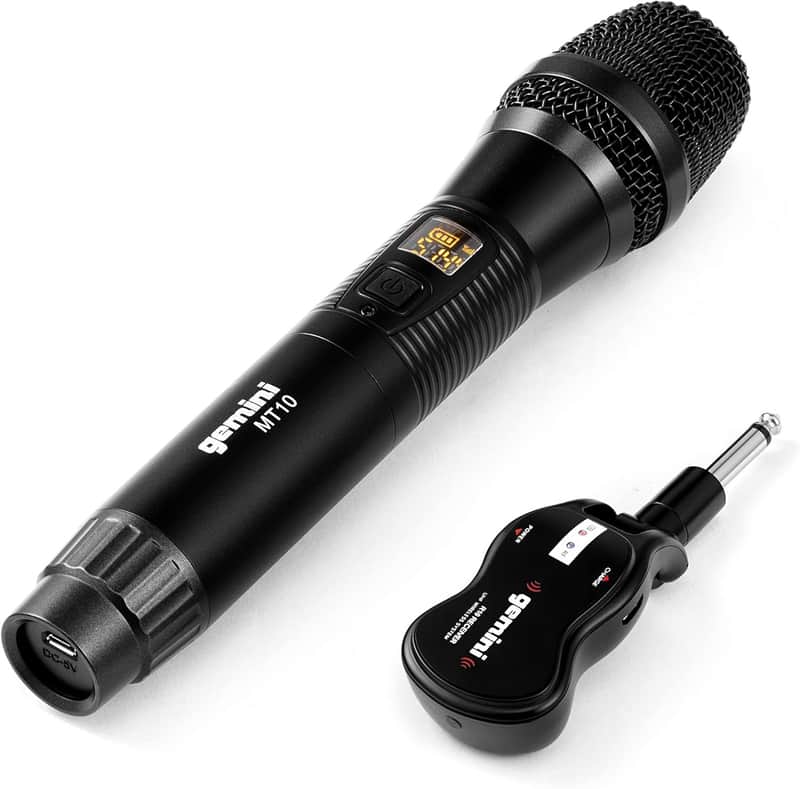 Gemini GMU-M100 UHF Wireless Microphone System. Includes MT10 Handheld Wireless Microphone + R10 Wireless Receiver, 18650 Rechargeable Battery with USB Charging Cable. image 1