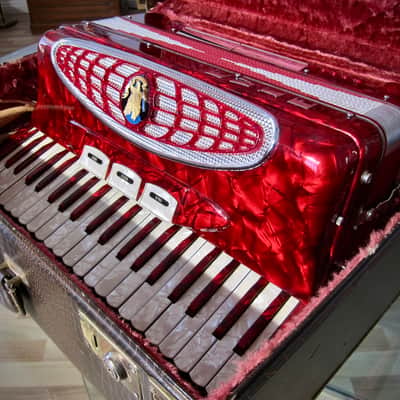 Vintage 1960s Silvio Soprani Accordion Model 8643 Full Size Red Mother Of Pearl with Original HSC image 11