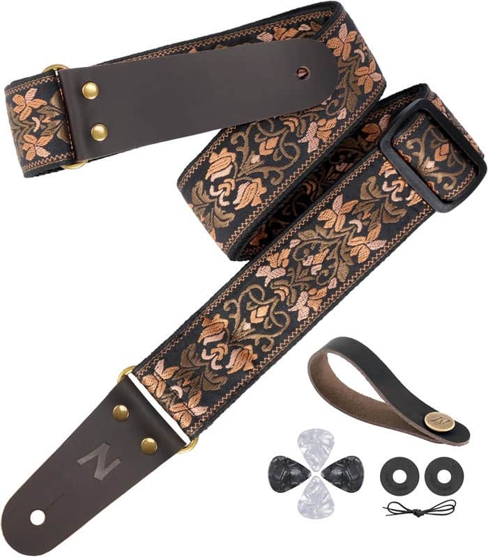 Guitar Strap, 2" Jacquard Embroidery Guitar Straps, Full Grain Leather Ends with Hidden Pocket, for Bass, Electric and Acoustic Guitars, Strap Button, Strap Locks and Guitar Picks image 1