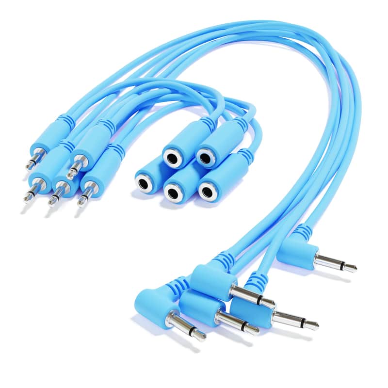 ExcelValley [Blue | 180 cm - 70.87"] 5-Pack - Right Angle Hopscotch Mono Splitter Y Patch Cables TS 3.5mm 1/8" Eurorack Synth image 1