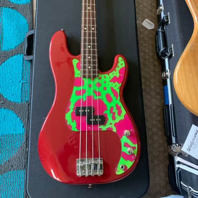 1998 New old stock MIM Fender electric bass guitarAlnico pickups Hand painted pick guard Fender Precision body , Jazz neck 1998 - Red with graphics image 5