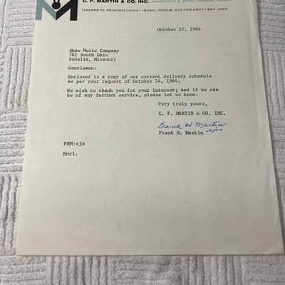 Vintage 1964 Martin Guitar Price List and Letter with Martin's Signature image 6