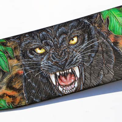 Burny Black Handmade Leather Guitar Strap: Black Panther_Carved & Painted, Custom Initials 2026(made to order) - oil image 7