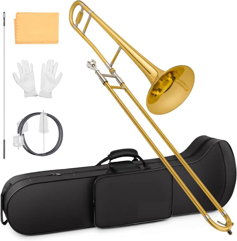Bb Alto Slide Trombone for Beginners Students - Gold Lacquer Brass Trombone Full Kit with 7C Mouthpiece, Hard Case, Gloves & Cleaning Kit image 1