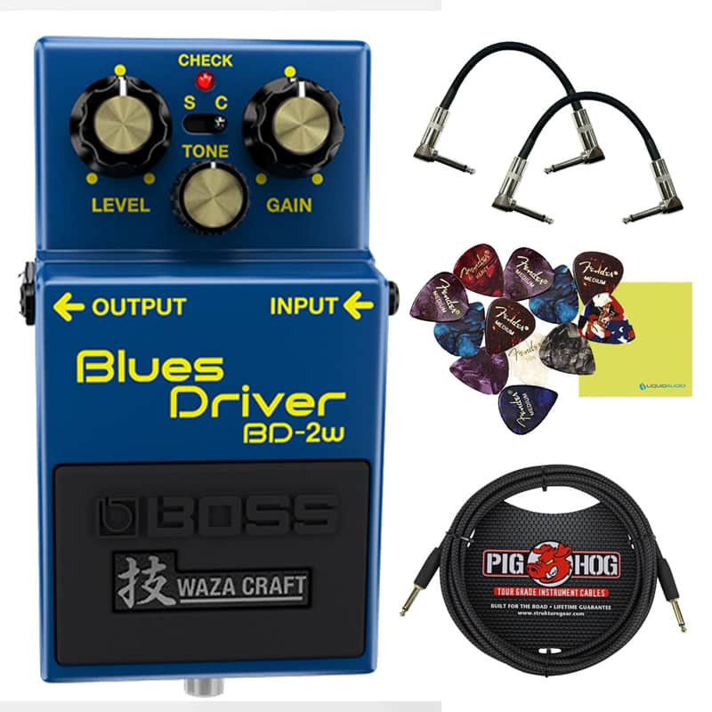 Boss BD-2W Blues Driver Pedal Bundle w/ 2-Pack Strukture S6P48 Woven Right Angle Patch Cable, Pig Hog PCH10BK "Black Woven" Instrument Cable, 12-Pack Guitar Pick and Liquid Audio Polishing Cloth image 1