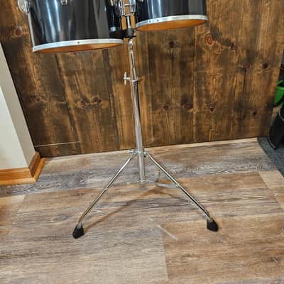 Vintage Late 1970s Ludwig Black Cortex Concert Toms 6.5x10 & 8x12 w/ Ludwig Double Tom Stand Blue & Olive Badges image 1