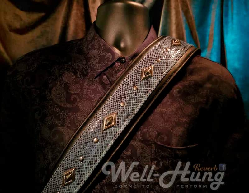Well-Hung "Surf Diamonds" - 3" wide padded black leather comfort strap with turquoise python and metalwork image 1