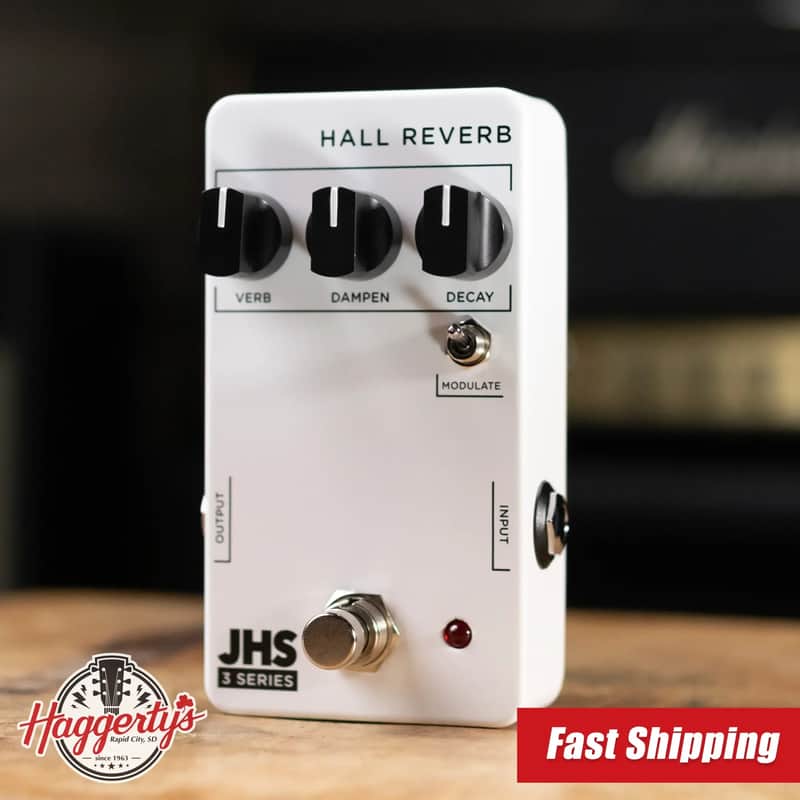White JHS 3 Series Hall Reverb pedal with three knobs and jacks.