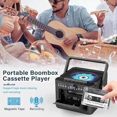 Bluetooth 5.1 CD & Cassette Boombox – Rechargeable 5000mAh Portable Stereo with FM, USB, TF & Remote image 4