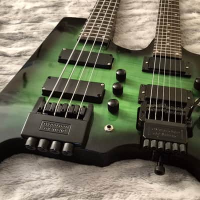 Overlord of Music Double Neck Headless Bass and Electric Guitar - 2020s - Green Burst image 3