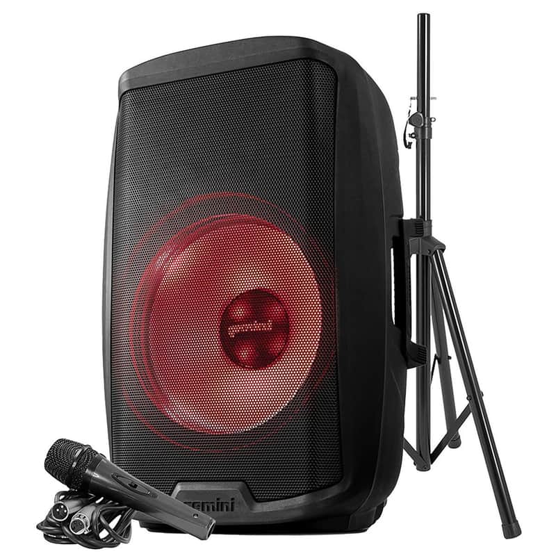 Gemini AS-2115BT-LT-PK 15 2000 Watt 2-Way Full-Range PA Active Bluetooth Loudspeaker with LED Party Lighting, Microphone and Stand image 1