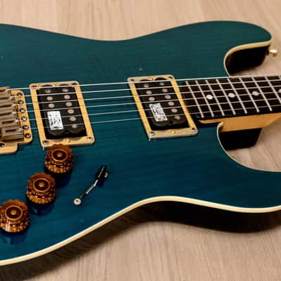 1980s Schecter HH S-Style Superstrat, Flame Top Trans Blue w/ Case image 6