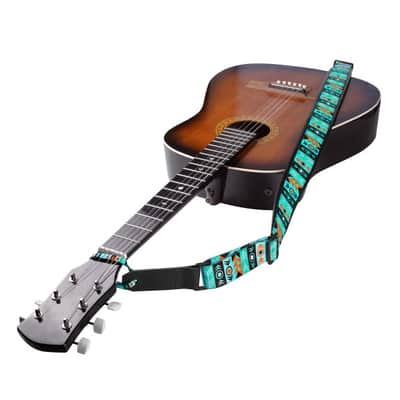 Strap for Guitar Ukrainian Nylon + Leather Ethnic Green Colored image 4