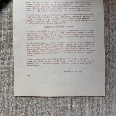1961 Fender Dealer Letter Reverb Unit Bass VI Custom Colors image 3
