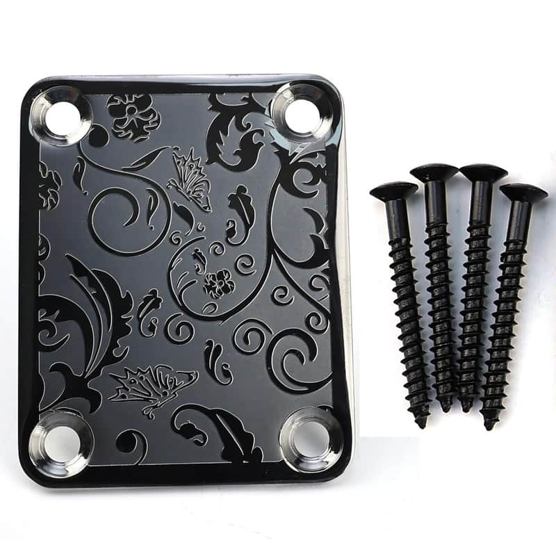 Stainless Steel Engraved Electric Guitar Neck Plate 4-Bolt Square Neck Joint Plate Joint Reinforce Board for Strat ST Telecaster Tele Bass Electric Guitar Parts Replacement (Black) image 1