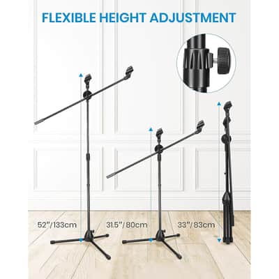 Microphone Stand, Tripod Boom Mic Stand With 2 Non-Slip Mic Clip Holders & 2 Foam Covers, Collapsible Adjustable Mic Stand For Singing, Karaoke, Stage And Outdoor Activities, Black, Mms-3 image 2