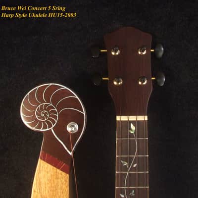Handmade 5 String Harp Style Concert Ukulele Solid Mango, MOP Vine Inlay, Bruce Wei HU15-2003 image 9