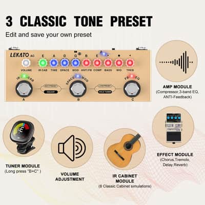 LEKATO  Multi Effects Acoustic Guitar Pedal Cube Baby AC Guitar Multi Effects Pedal Delay Chorus Tremolo Reverb Effect Pedal image 3