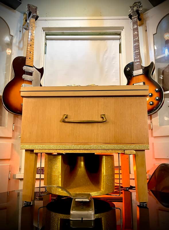 Rotary Connection Vibra-Table MINI PLUS! Leslie/Rotary guitar speaker cabinet/fliptop table with upfiring vintage 10” speaker and 12” downfiring into Leslie. Speed control foot switch. LIGHTS UP! 50 watts/16 ohms 2026 - Blonde wood / gold sparkle image 1