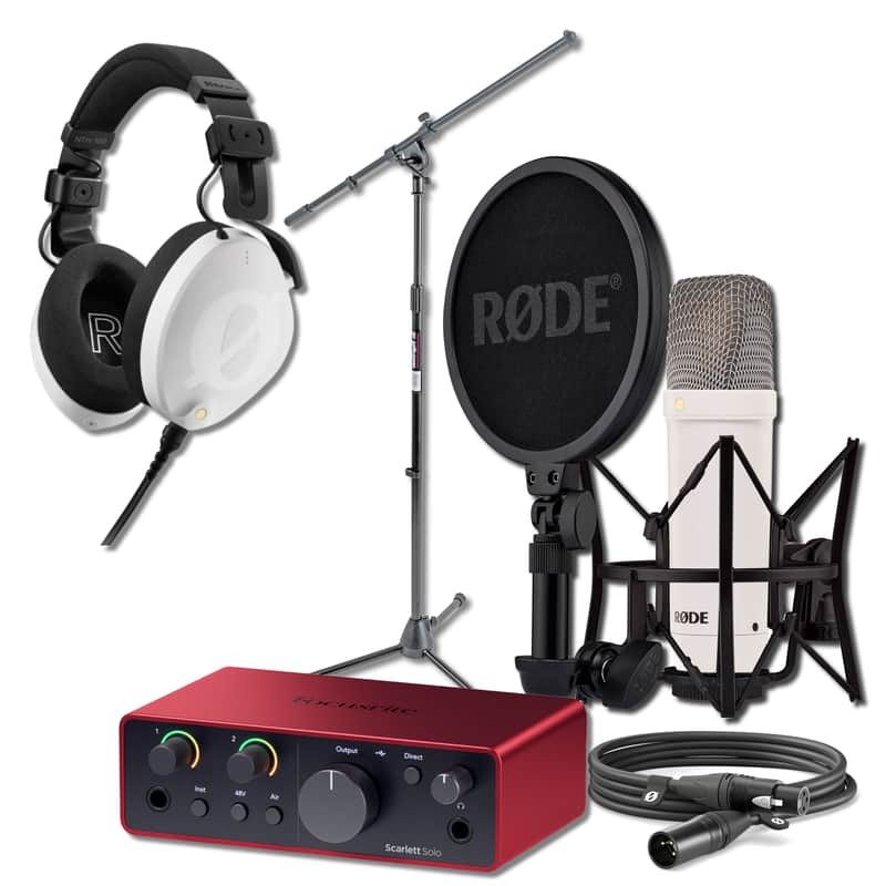 Rode NT1 Signature Series White Cardioid Condenser Microphone Vocal Recording Bundle with Focusrite Scarlett Solo 4th Gen Audio Interface, On-Stage MS7701B Tripod Boom Mic Stand, and Rode NTH-100 White Closed-Back Studio Headphones image 1