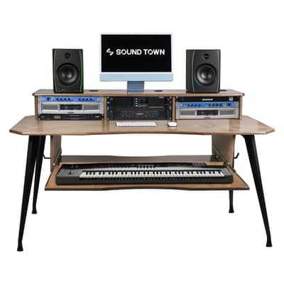 SDRK-SDF2B | DIY Music Recording Studio Desk Workstation w/ 3x4U Rack/Top Shelf, Sliding Keyboard Tray, Plywood, Weathered Brown image 1