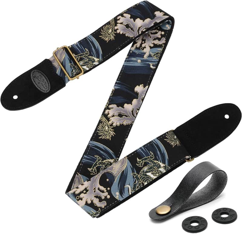 Guitar Strap with 2 Strap Locks & Strap Button, Dragon Guitar Strap Cool Designed Shoulder Strap with Suede Leather Ends for Bass, Acoustic & Electric Guitar (Black Gold Dragon) image 1
