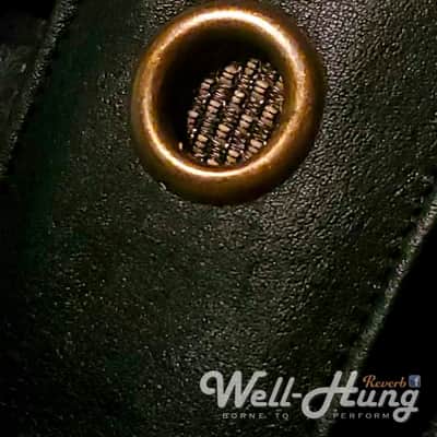 Well-Hung Grommet "MojoTone Black 'n Tan" 3" wide padded leather guitar strap aged brass grommets image 4