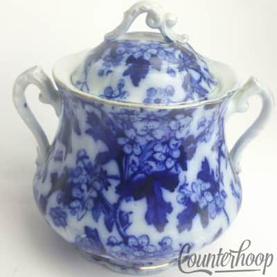 Mercer Flow Blue+Gold Sugar Bowl Semi-Viterous/Vitreous 1890s American China USA image 2