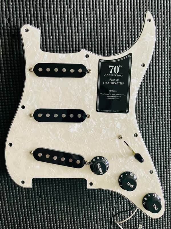Fender Pure Vintage ‘59 Loaded Pickguard 70th Anniversary Player Stratocaster Staggered Single Coil Strat Pickups White Pearloid Black Pickup Covers Knobs image 1