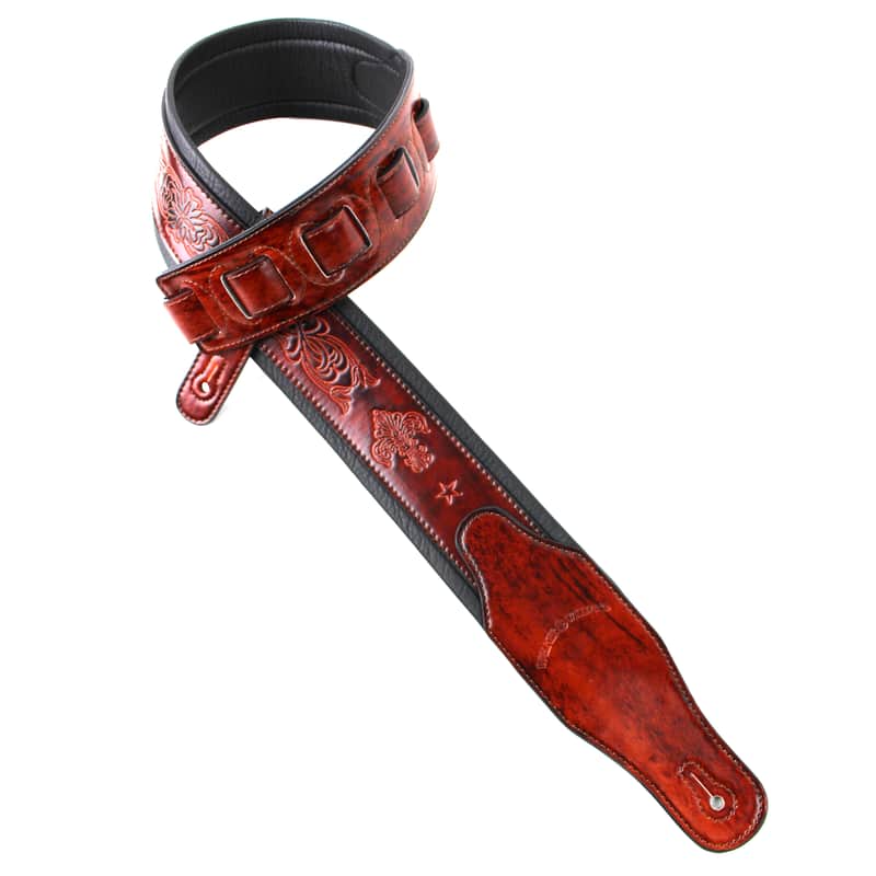 Walker And Williams GB-21 Red Bourbon Padded Leather Strap with Fleur De Lis & French Chain Design image 1