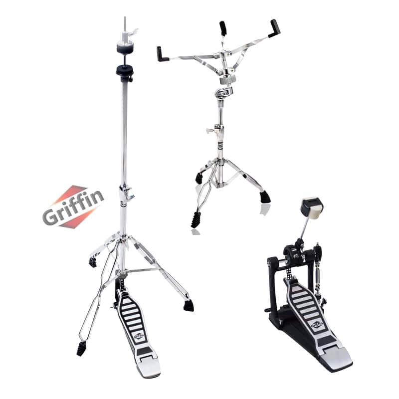 Hi-Hat Stand, Kick Drum Pedal & Snare Stand Hardware Kit (3-Piece Kit) by GRIFFIN | Deluxe Full-Size Percussion Chrome Set with Double-Braced Legs | Lightweight, Portable & Mobile for Live Gigs image 1