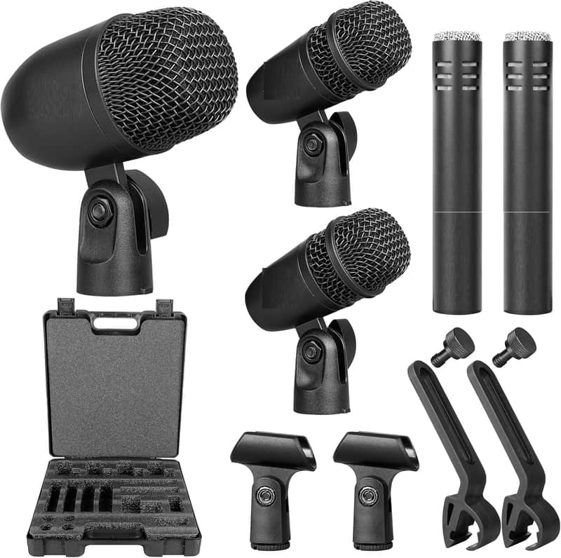 5-Piece Drum Microphone Set with 3 Dynamic Percussion Microphones and 2 Condenser Percussion Microphones, Ideal for Instrument Recording and Music Production image 1