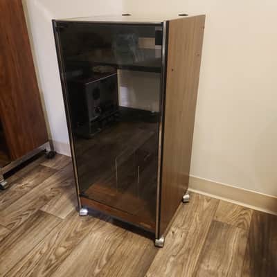 Vintage Fisher RA-128-2 Stereo Cabinet Wood Laminate Glass Door Open Top Wheels image 1