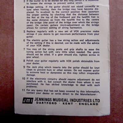 Vox Guitar or Bass Jennings UK Warranty Hang Tag 1963-1967 image 2