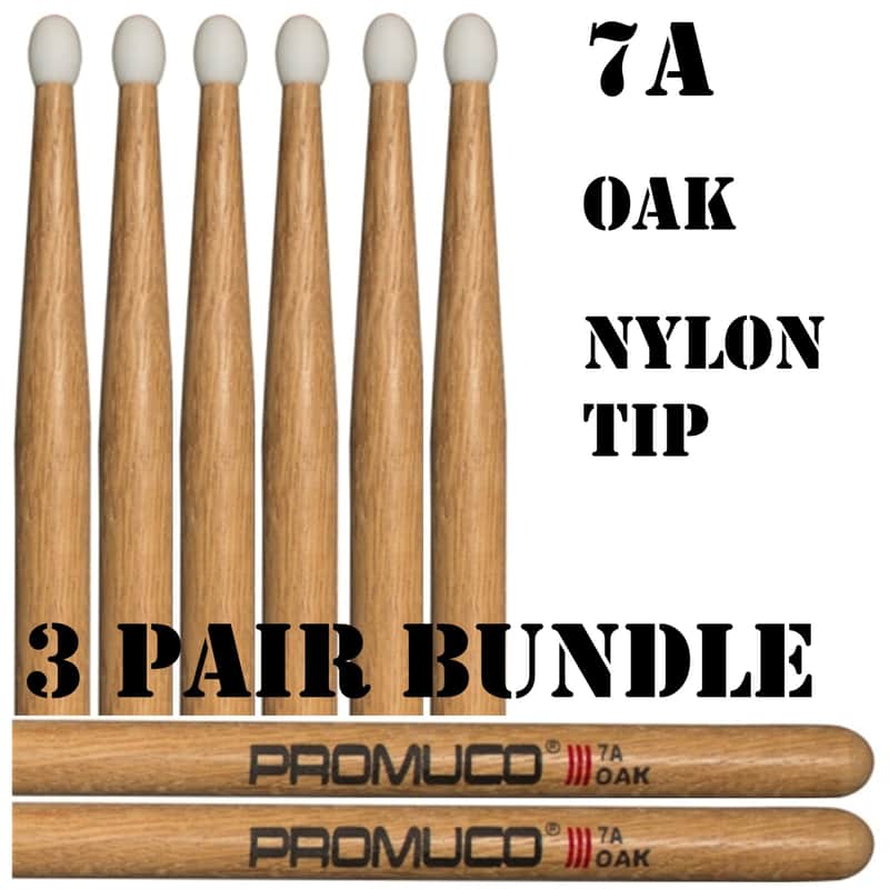 Promuco Oak Drumstick Bundle 3 Pairs 7A Nylon Tip image 1